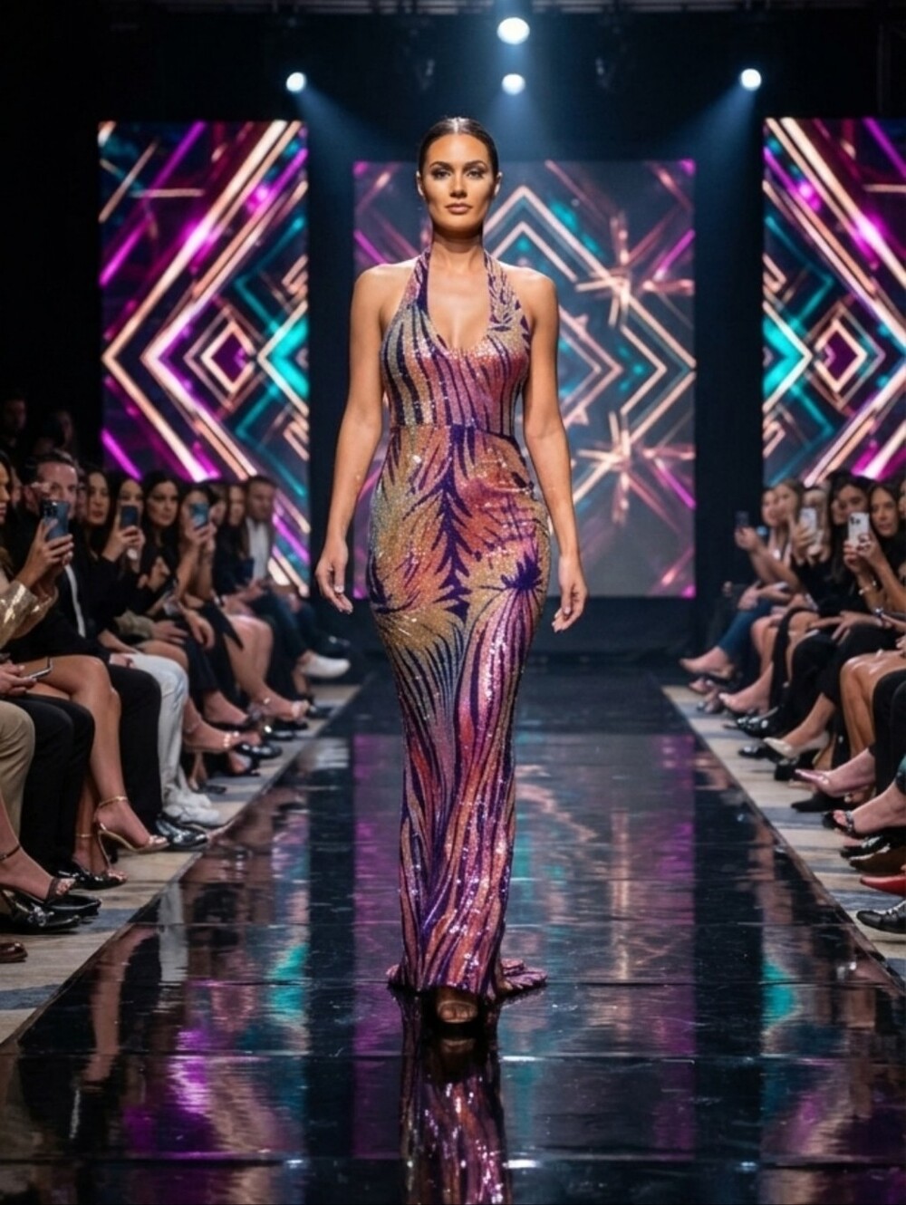 RANDOM PRINT, HALTER, SEQUINED MERMAID MAXI